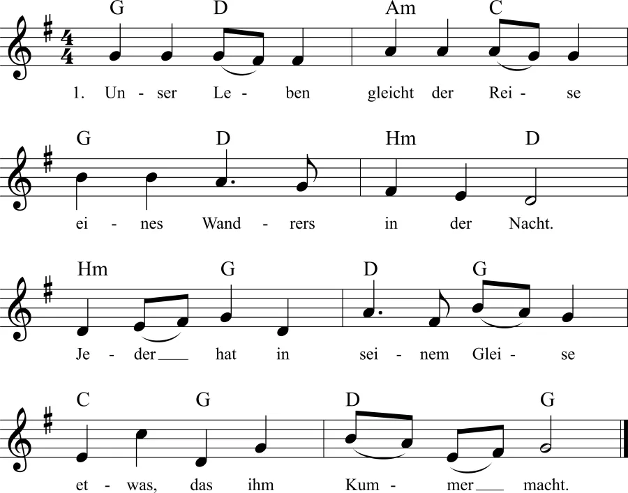 The image displays a sheet music arrangement of the German song 'Unser Leben gleicht der Reise eines Wanders in der Nacht'…