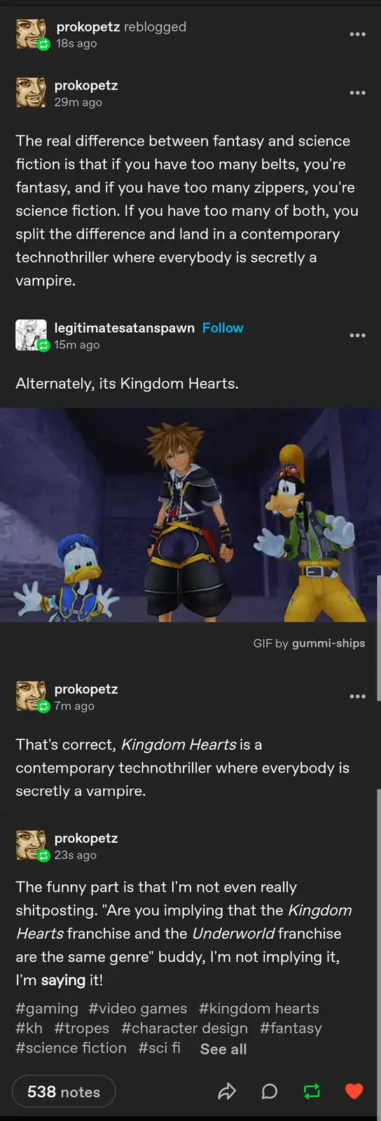 The image shows three video game characters from Kingdom Hearts: Sora in the center with multiple belts and zippers on his…
