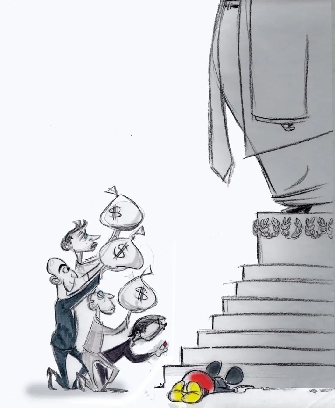A black-and-white sketch shows four men kneeling and carrying large sacks marked with dollar signs up a set of stairs toward…
