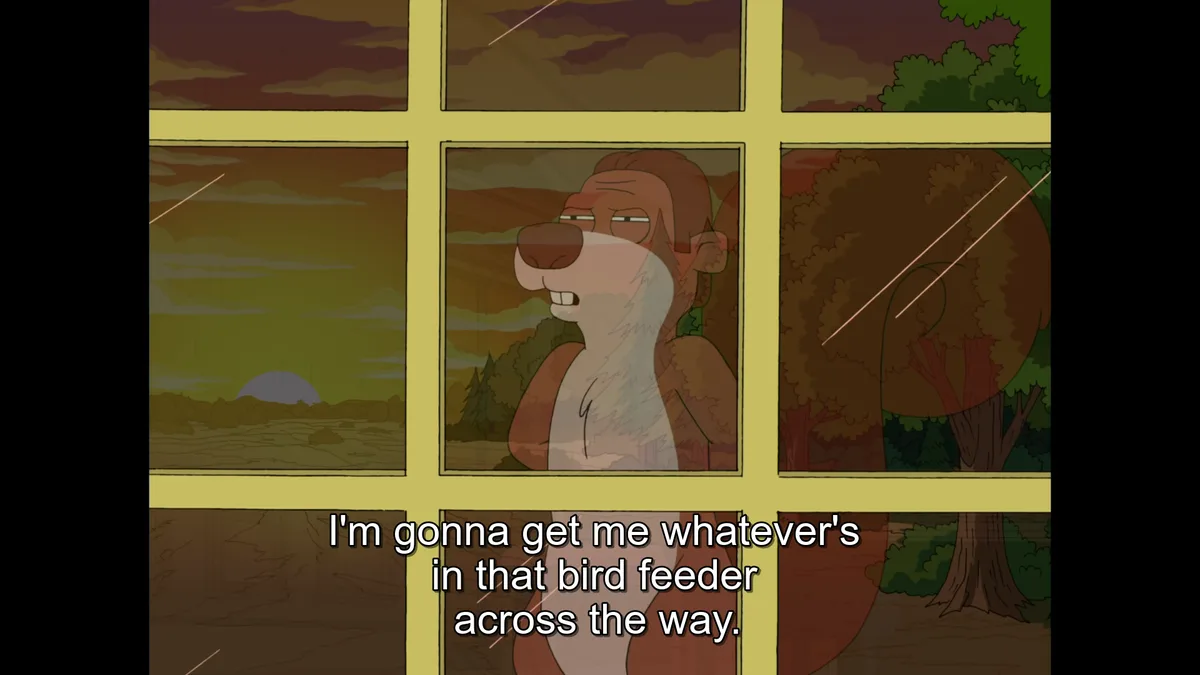 A cartoon beaver looks out a window at a bird feeder across the street, determined to steal its contents. The scene is…