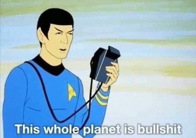 An animated depiction of Spock from Star Trek holding a tricorder, looking skeptical, with the text 'This whole planet is…
