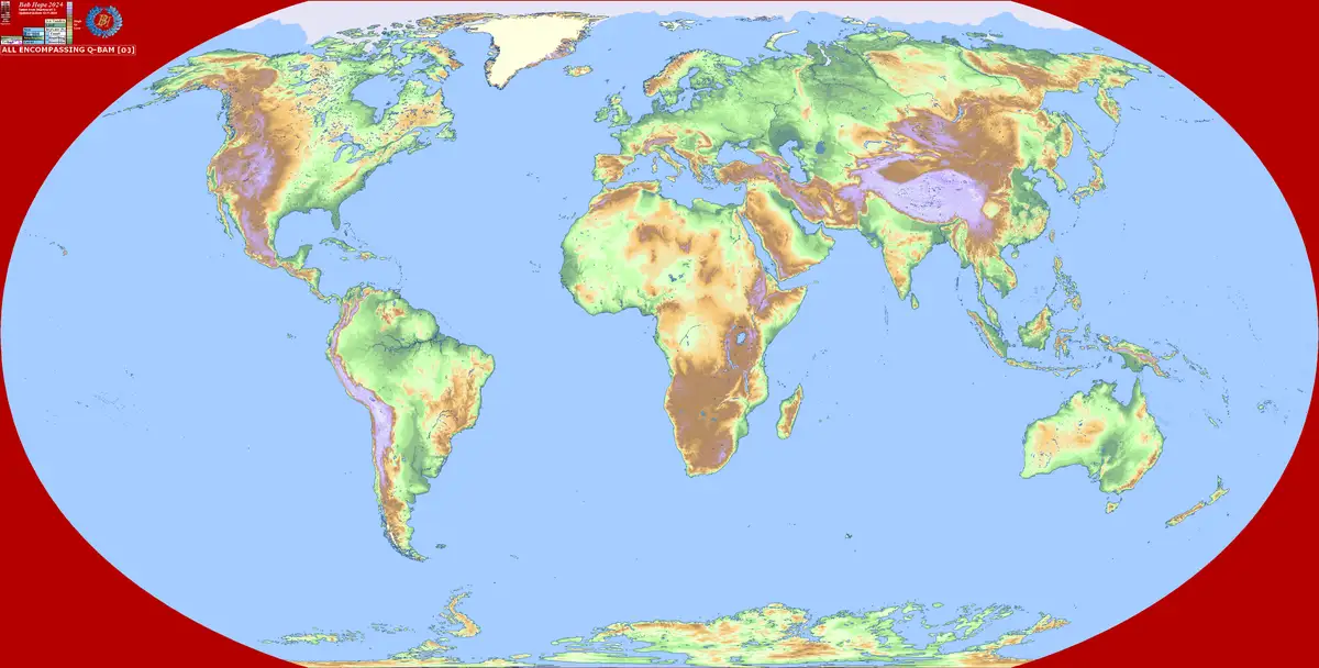 A colorful topographical world map with a red border, showing continents in varying shades of green, brown, and purple. In…