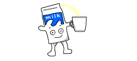 A cartoon milk carton with arms and legs is shown in six panels, pouring milk into a cup. The carton has a smiling face and…