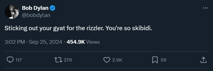 A screenshot of a Twitter post from the verified account of Bob Dylan, showing his profile picture and the tweet text…