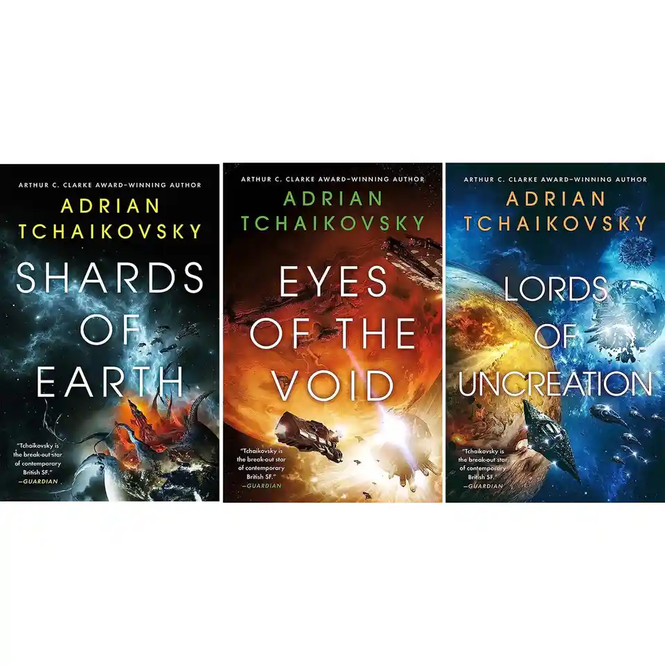 Three book covers side-by-side for Adrian Tchaikovsky's sci-fi trilogy, each showing space battles and cosmic scenes with…
