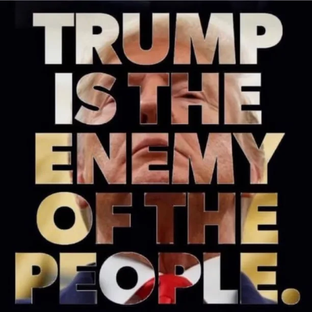 The image features large, bold text spelling 'TRUMP IS THE ENEMY OF THE PEOPLE.' The letters are filled with a close-up…