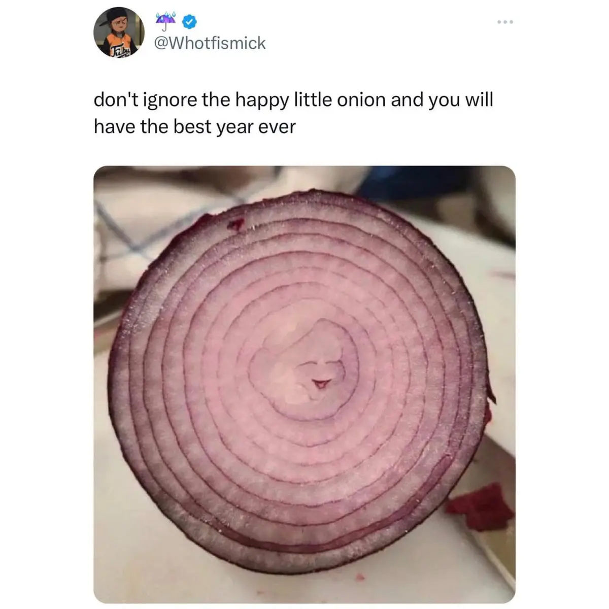 A close-up photo of a sliced red onion reveals a natural concentric pattern that resembles a smiling face in the center. The…