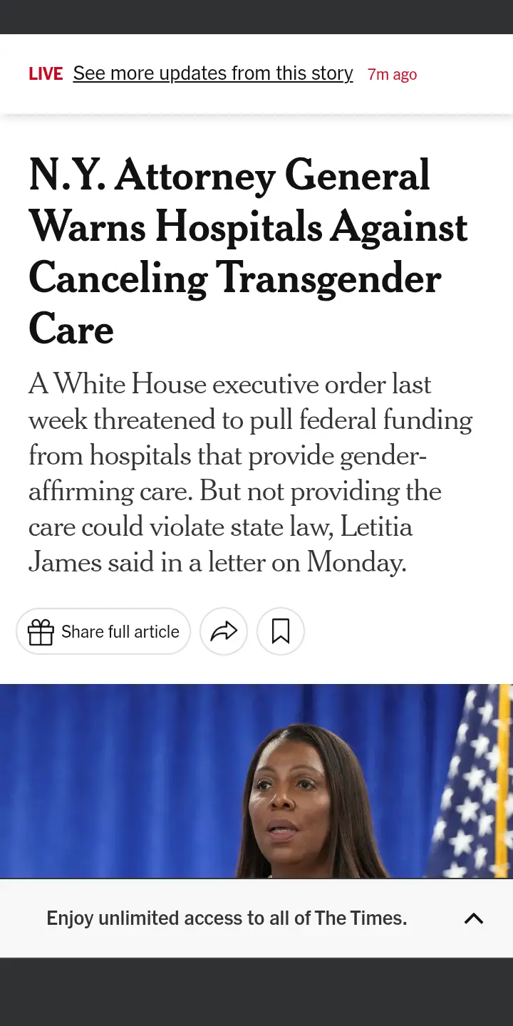 A screenshot of a New York Times article headline about the N.Y. Attorney General warning hospitals against canceling…