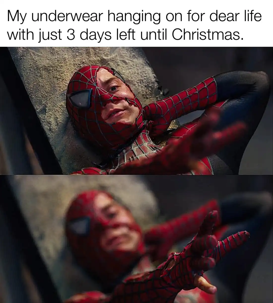 The image shows two panels of Spider-Man from a movie, looking exhausted and straining as if hanging on by a thread. The top…