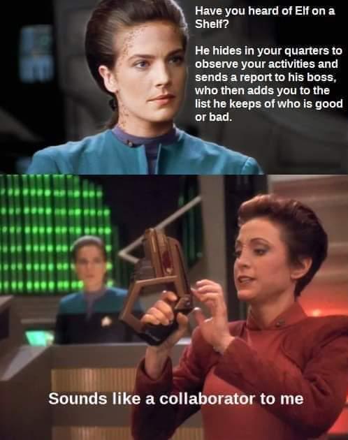 The image is a two-panel meme from Star Trek: The Next Generation. The top panel shows a woman in a blue uniform looking…