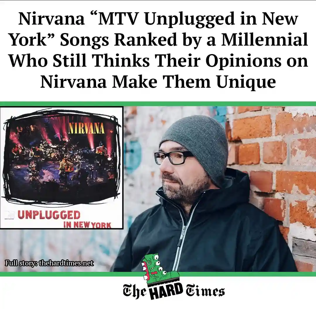 The image displays the cover art for Nirvana's 'MTV Unplugged in New York' album on the left, and a photo of a man in a grey…