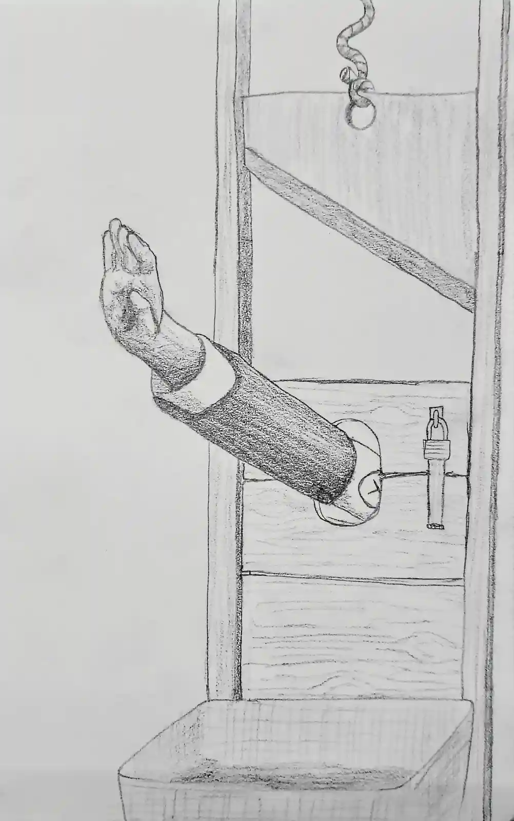 A pencil sketch shows a hand emerging from a wooden cabinet, palm up in a gesture of surrender or resignation. The hand is…