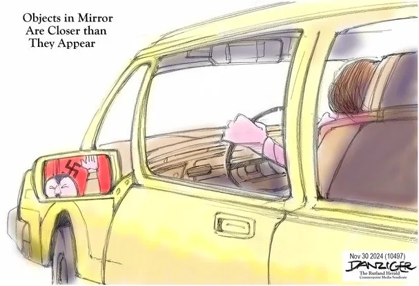 A cartoon drawing of a yellow car with a driver visible through the window. The side-view mirror shows a distorted…