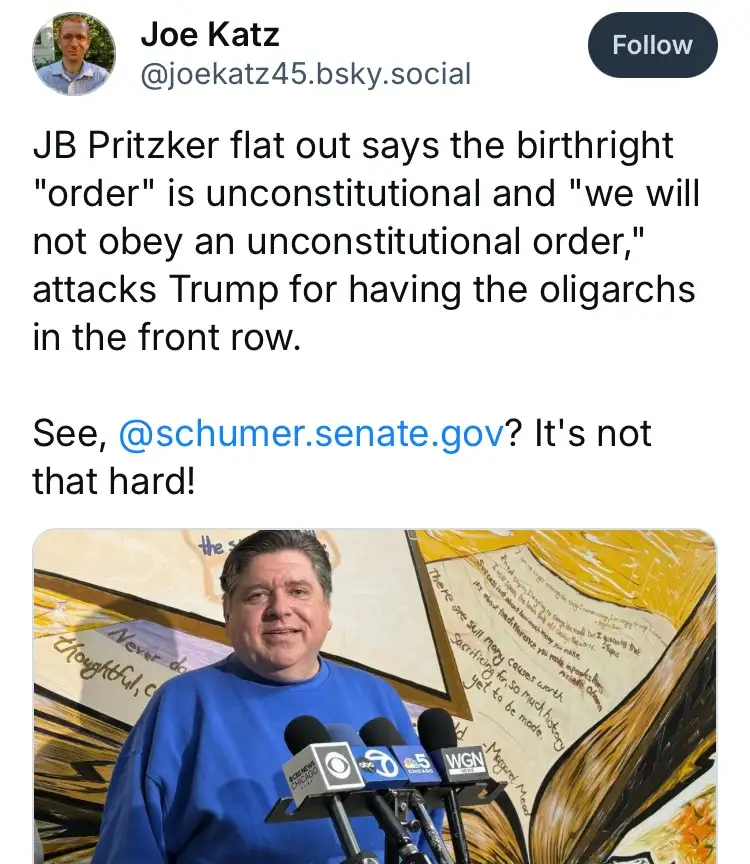 A screenshot of a social media post by Joe Katz showing a photo of Illinois Governor JB Pritzker in a blue sweatshirt…