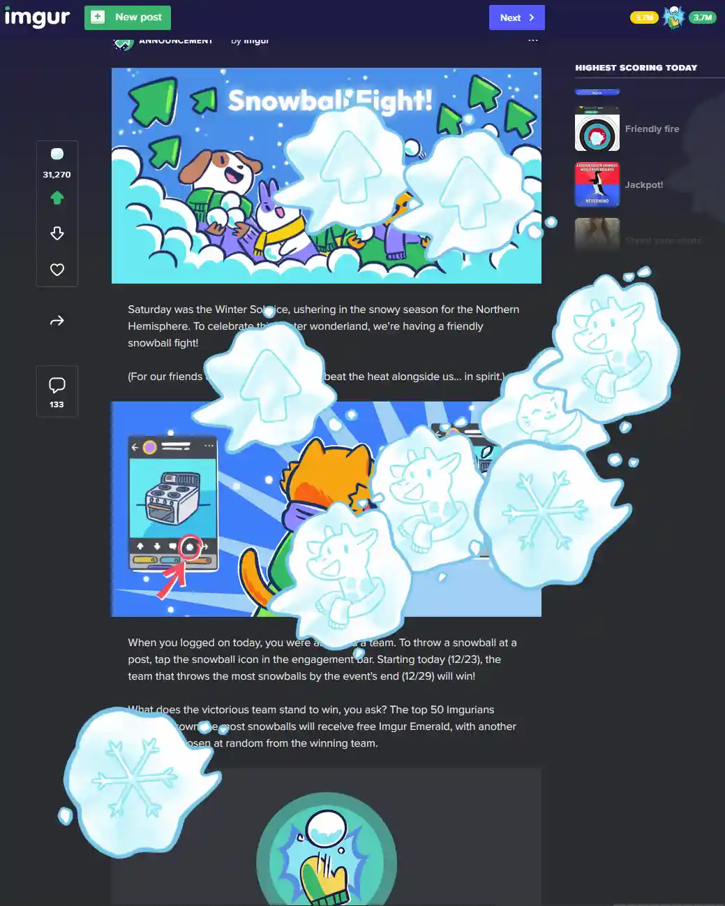 An Imgur announcement for a 'Snowball Fight!' event, featuring cartoon animals in winter gear throwing snowballs. The text…