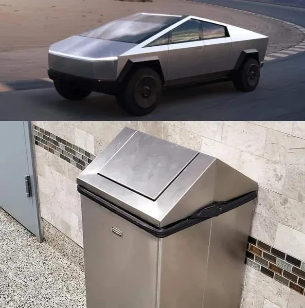The image is split into two panels: the top shows a silver Tesla Cybertruck driving on a paved road, and the bottom shows a…