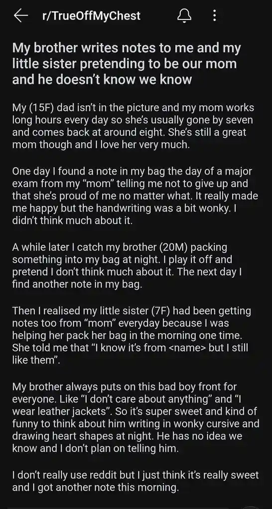 A screenshot of a Reddit post from r/TrueOffMyChest where the user describes how their brother (20M) and little sister (7F)…