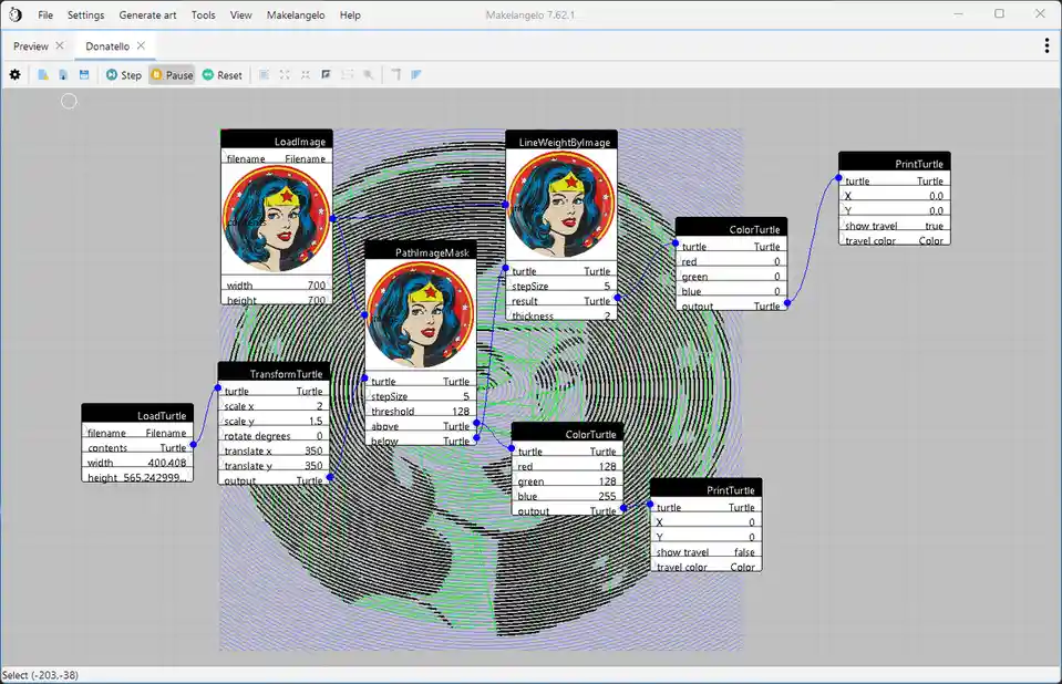 A screenshot of the Makelangelo software interface showing a node-based workflow for generating a line-art print of Wonder…