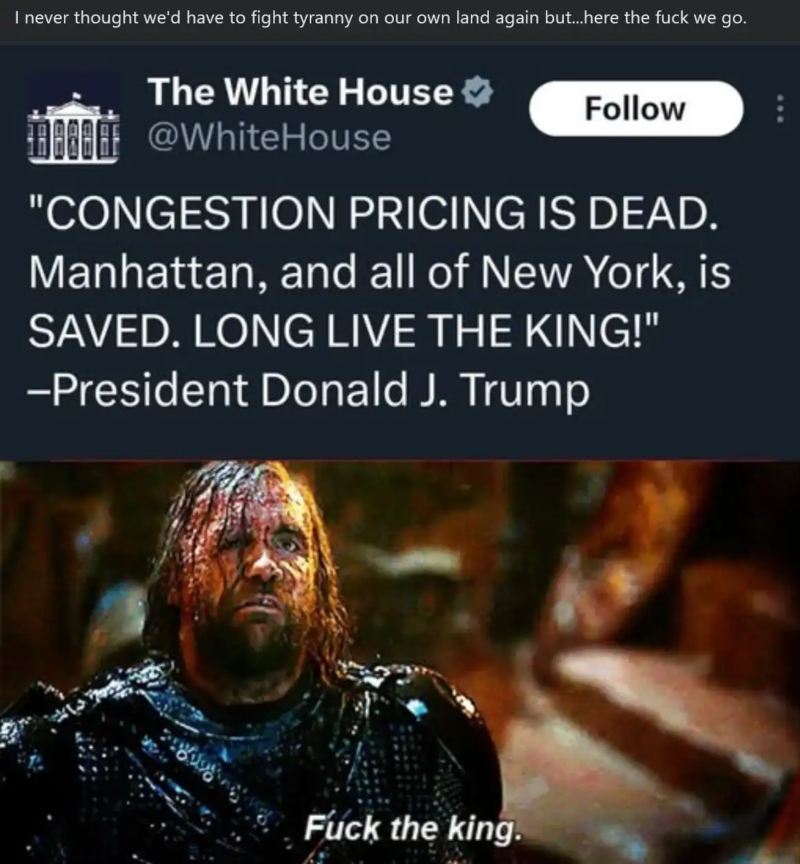 The image displays a screenshot of a fictional tweet from 'The White House' account, which reads: 'CONGESTION PRICING IS…