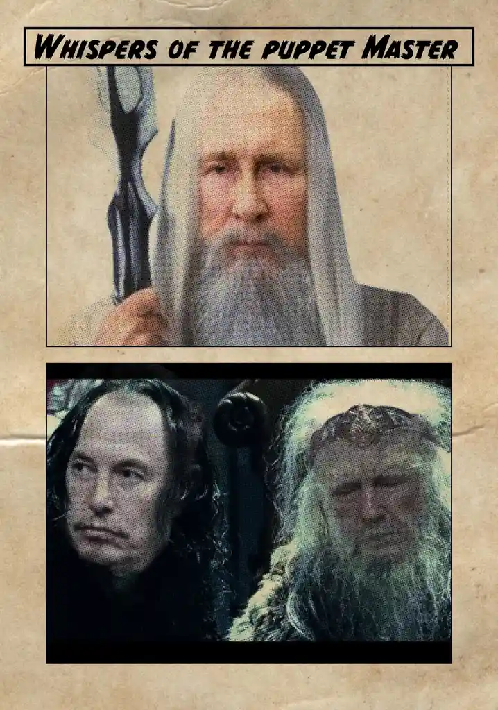 The image displays two panels resembling comic book frames on aged paper. The top panel shows Gandalf the Grey holding his…