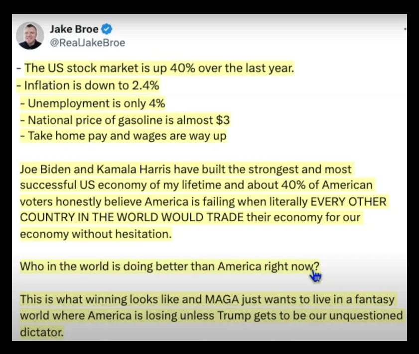 A screenshot of a tweet by Jake Broe, highlighting positive economic statistics like stock market growth, low inflation, and…