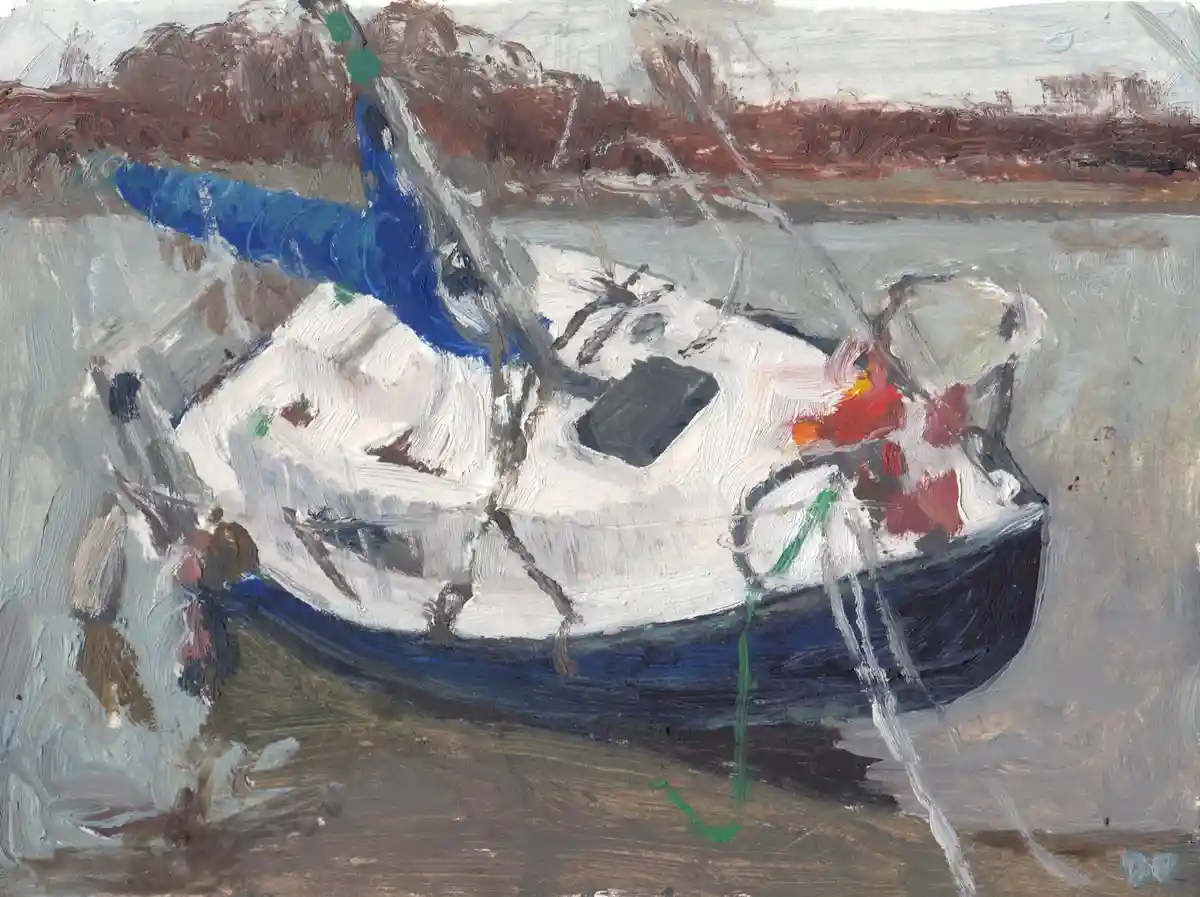 An oil painting depicts a small white and blue boat resting on muddy ground, with visible brushstrokes and a muted…