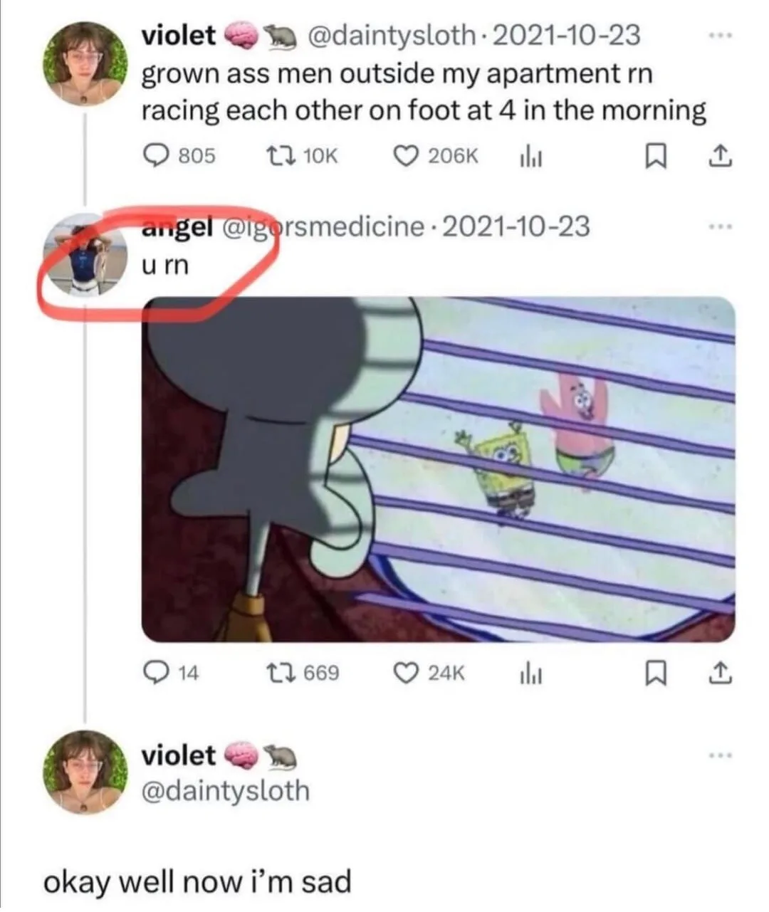 A screenshot of a Twitter thread shows user 'violet' complaining about grown men racing outside her apartment at 4am. A…