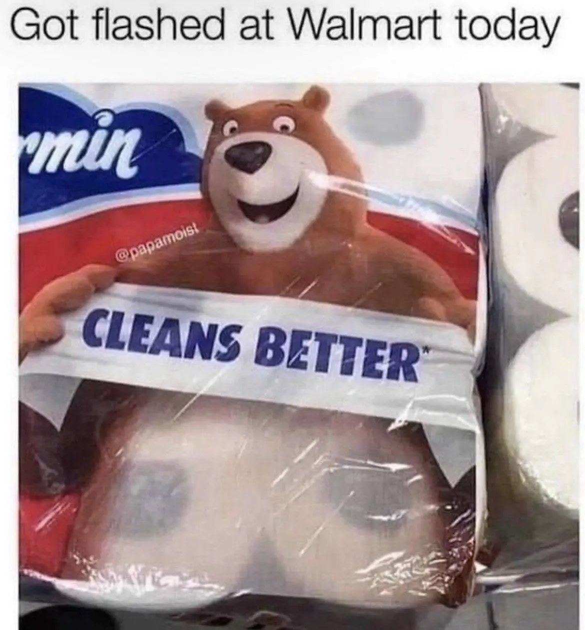 A close-up photo of a package of Charmin toilet paper featuring the brand's cartoon bear mascot. The bear is smiling and…