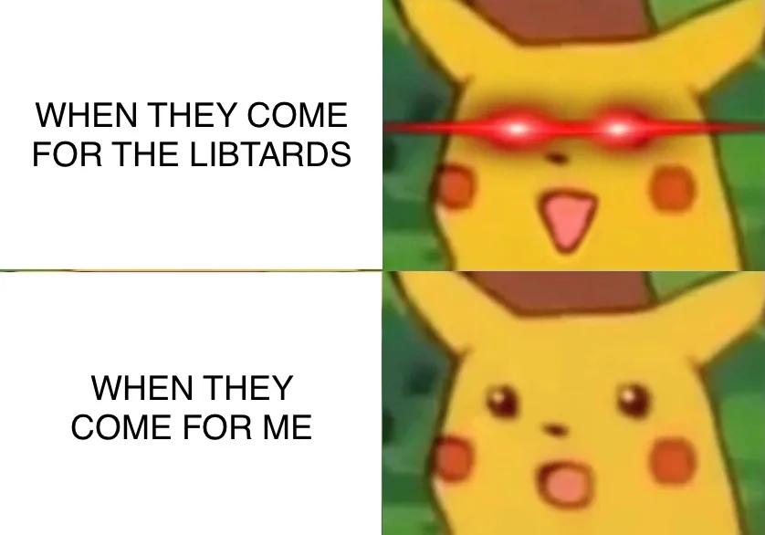 The image is split into two panels. Top panel shows Pikachu with glowing red laser eyes and a determined expression…