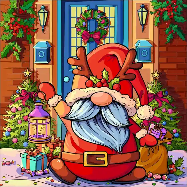 A cartoon illustration shows a large, jovial Santa Claus with a long white beard, red suit, and reindeer antlers, sitting on…