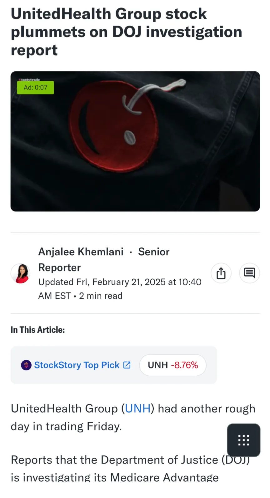 A screenshot of a news article about UnitedHealth Group's stock drop due to a DOJ investigation, featuring a red cartoon…