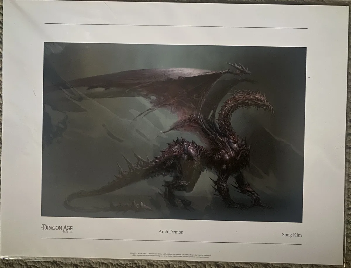 A printed artwork of a dark, spiky, demonic dragon-like creature from Dragon Age: Origins, labeled 'Arch Demon' and credited…
