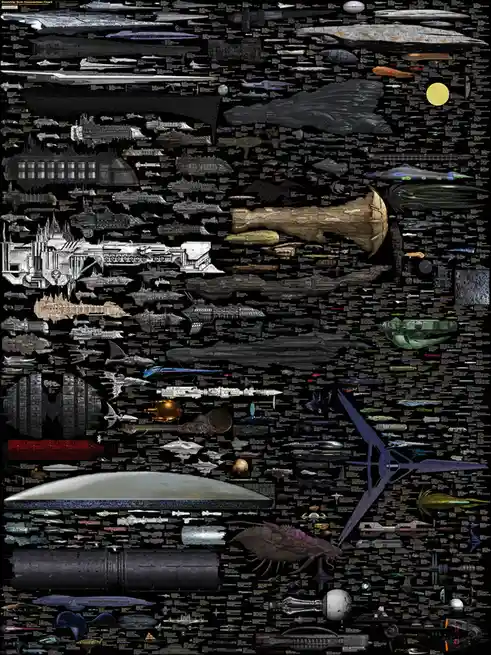A massive, densely packed infographic titled 'Starship Size Comparison Chart' displays hundreds of science fiction…