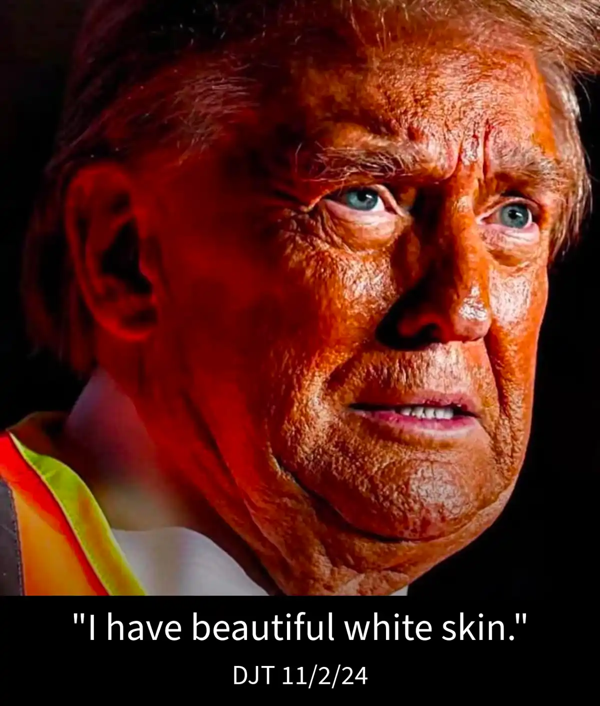 A close-up photo of Donald Trump with his face heavily saturated in red light, making his skin appear reddish-orange and…
