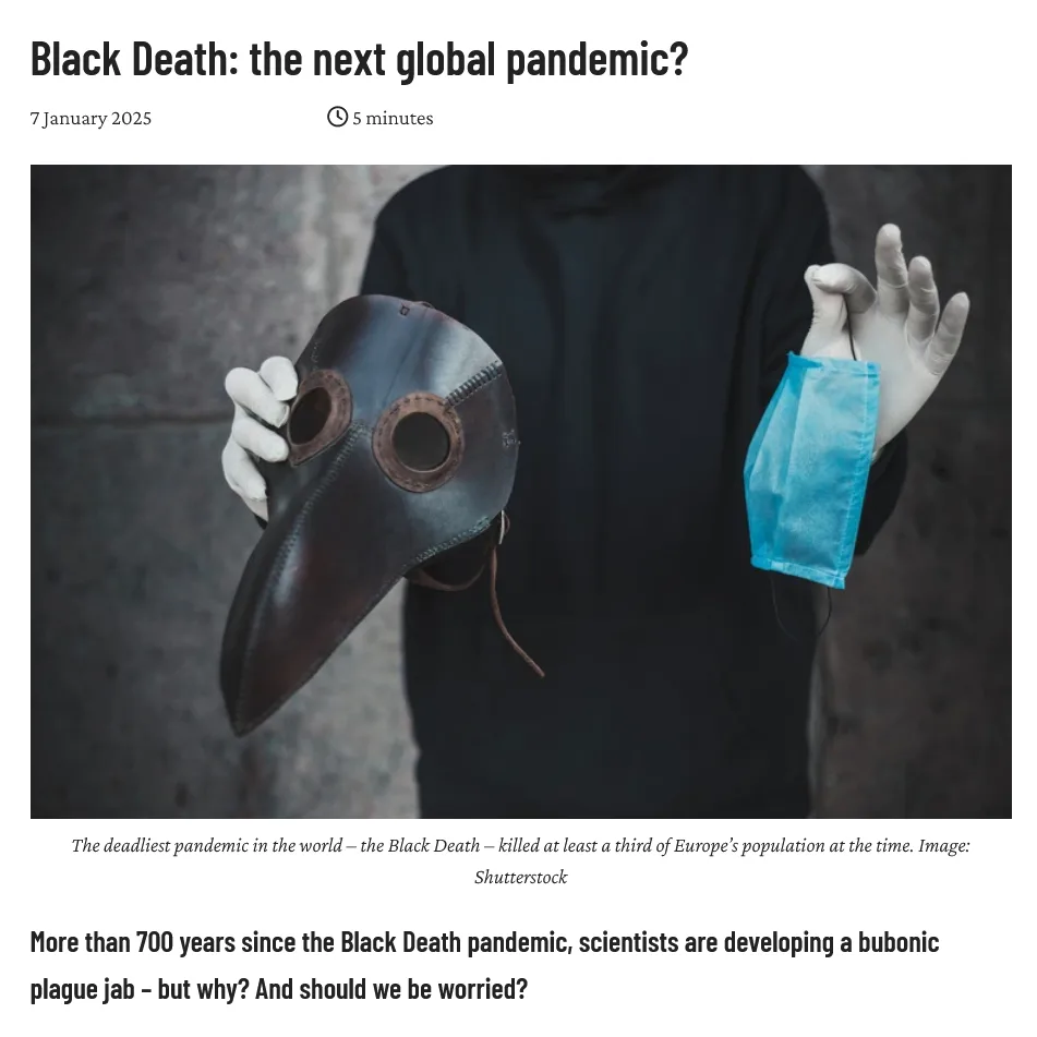 A person in a black robe and white gloves holds a historical plague doctor mask in one hand and a modern blue surgical mask…
