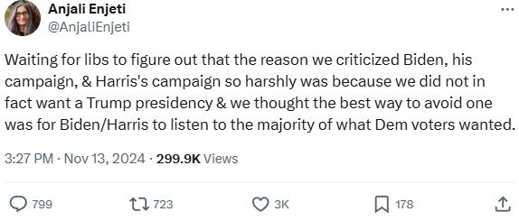 A screenshot of a tweet by Anjali Enjeti, posted on November 13, 2024, at 3:27 PM, with 299.9K views. The tweet text…