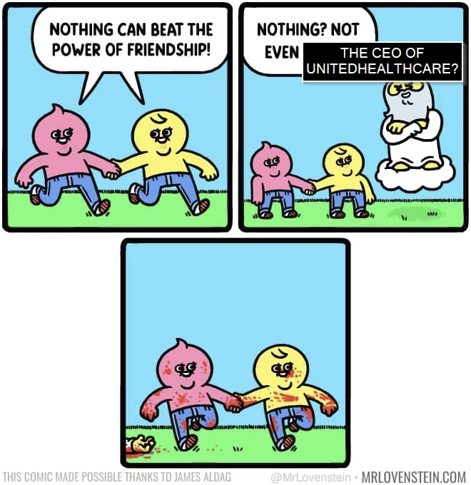 A three-panel comic strip featuring two cartoon friends holding hands. In the first panel, they declare 'NOTHING CAN BEAT…