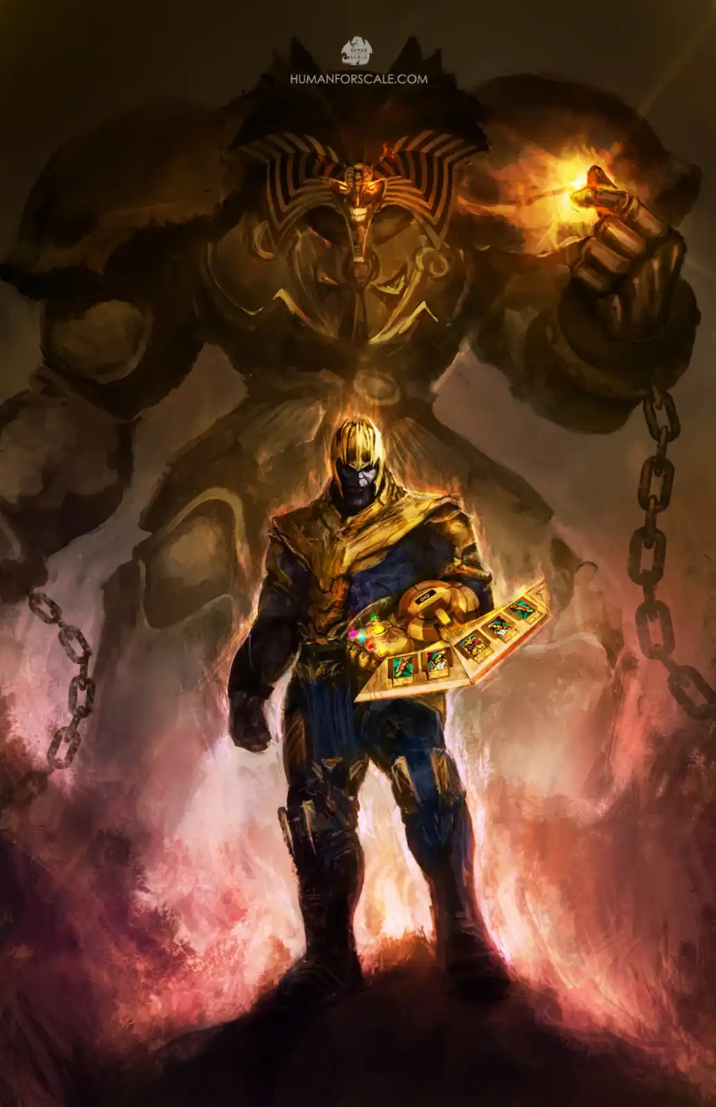 A towering, shadowy, muscular figure with a golden, ornate headdress and glowing eyes looms in the background, holding a…