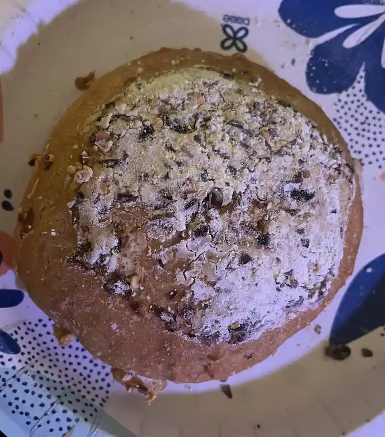 A close-up photo shows a large, round, golden-brown cookie covered in a thick layer of white powdered sugar and dark…