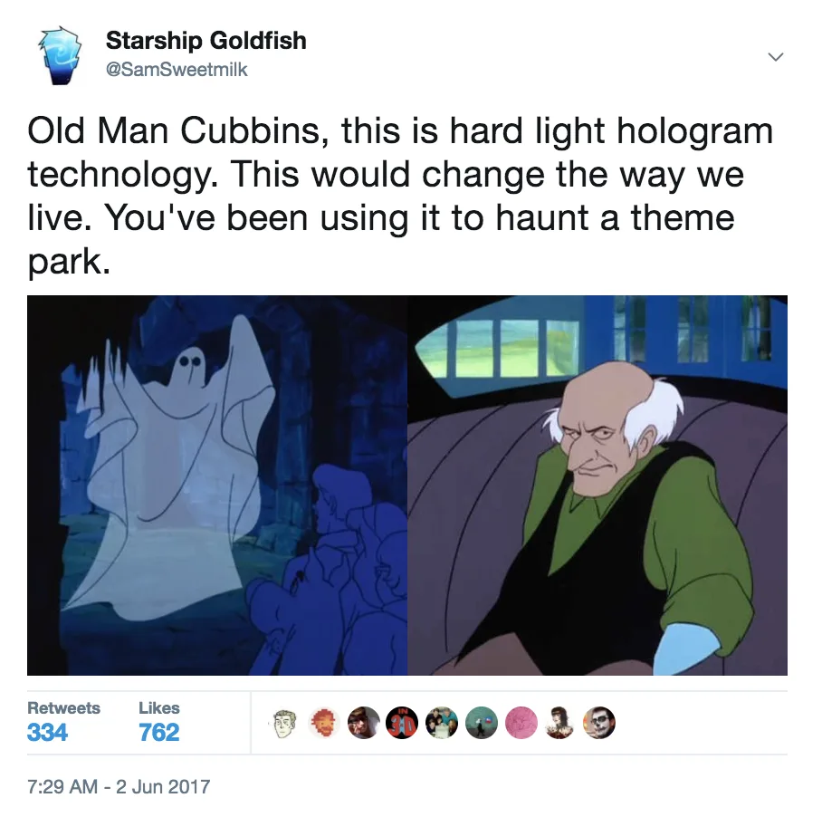 The image is a split-screen from an animated show, showing a translucent ghostly figure on the left and an older man with…