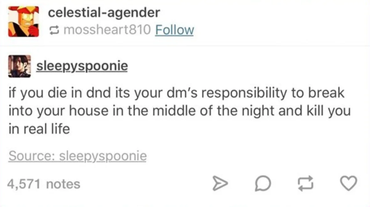 A screenshot of a Tumblr post by user 'sleepyspoonie' showing a comment that reads 'if you die in dnd its your dm's…