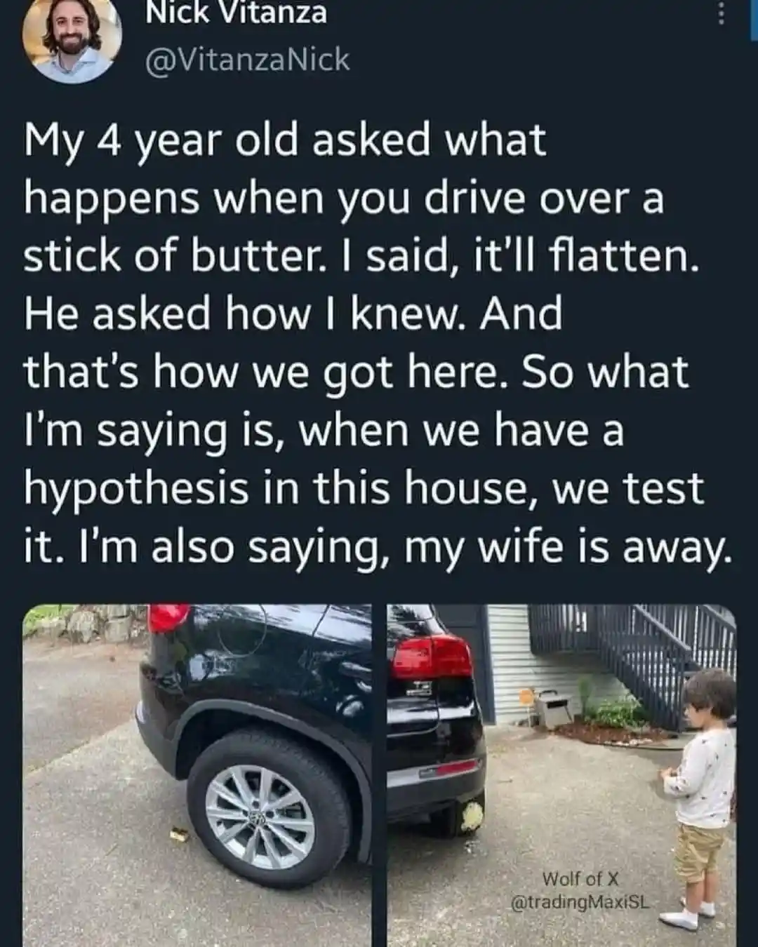 A tweet by Nick Vitanza shows a split image: on the left, a black SUV's rear tire is near a flattened stick of butter on…
