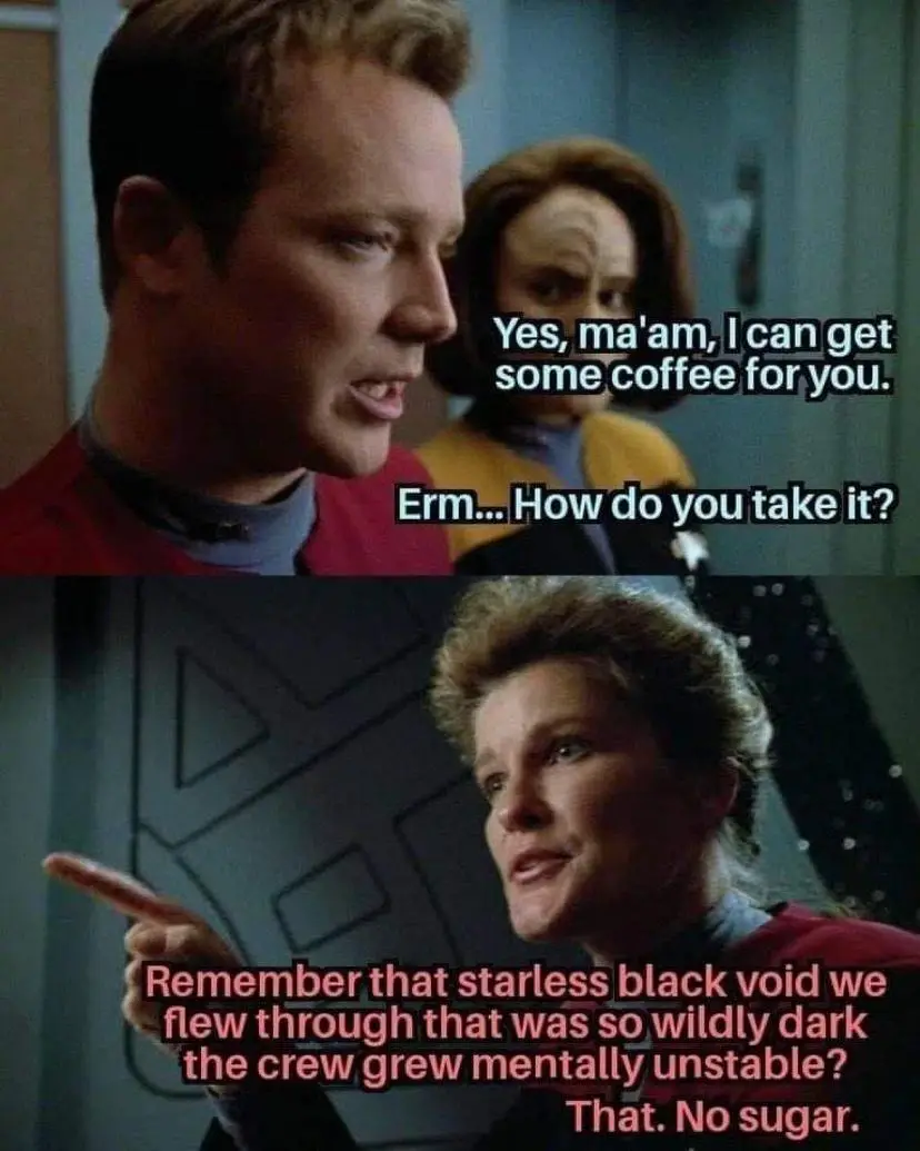 The meme features two panels from Star Trek: The Next Generation. In the top panel, a male crew member (Data) asks a female…