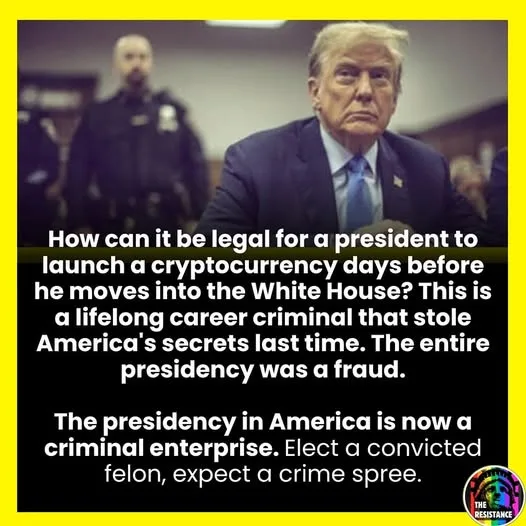 A photo of Donald Trump seated in a courtroom, looking serious, with a blurred police officer in the background. Overlaid…