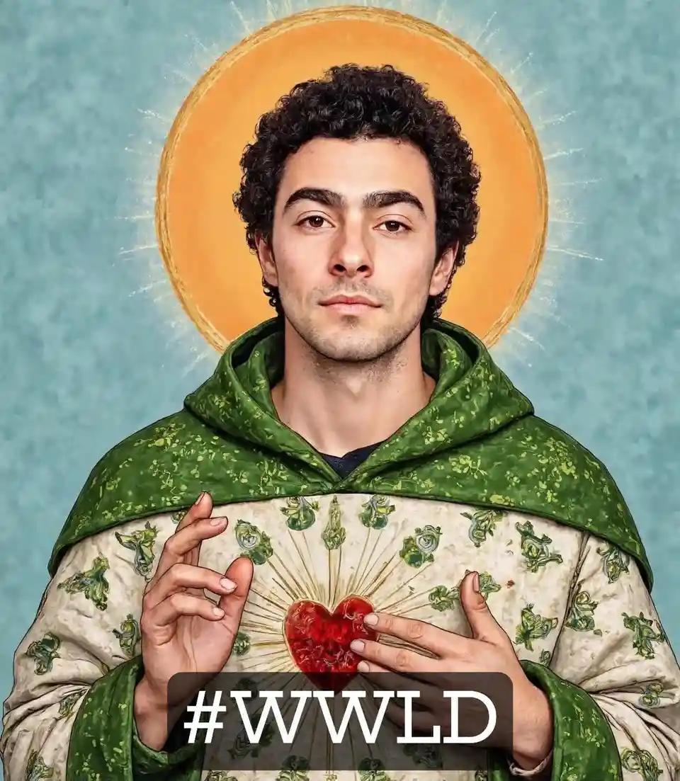 A man with curly dark hair, wearing a green hooded robe over a patterned tunic, is depicted in a saintly portrait style with…