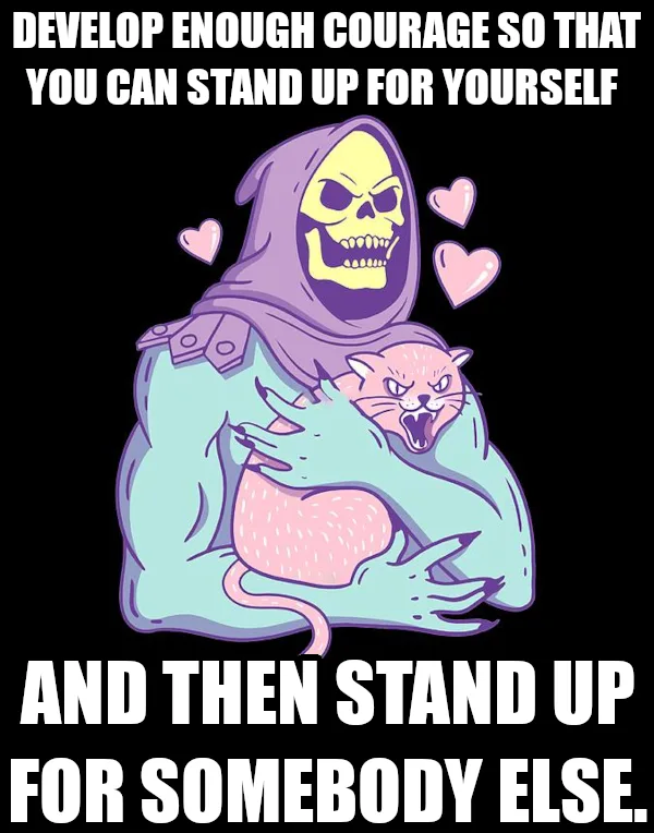 A cartoon skeleton in a purple hooded cloak, resembling Skeletor, is hugging a pink, angry-looking cat. Three pink hearts…