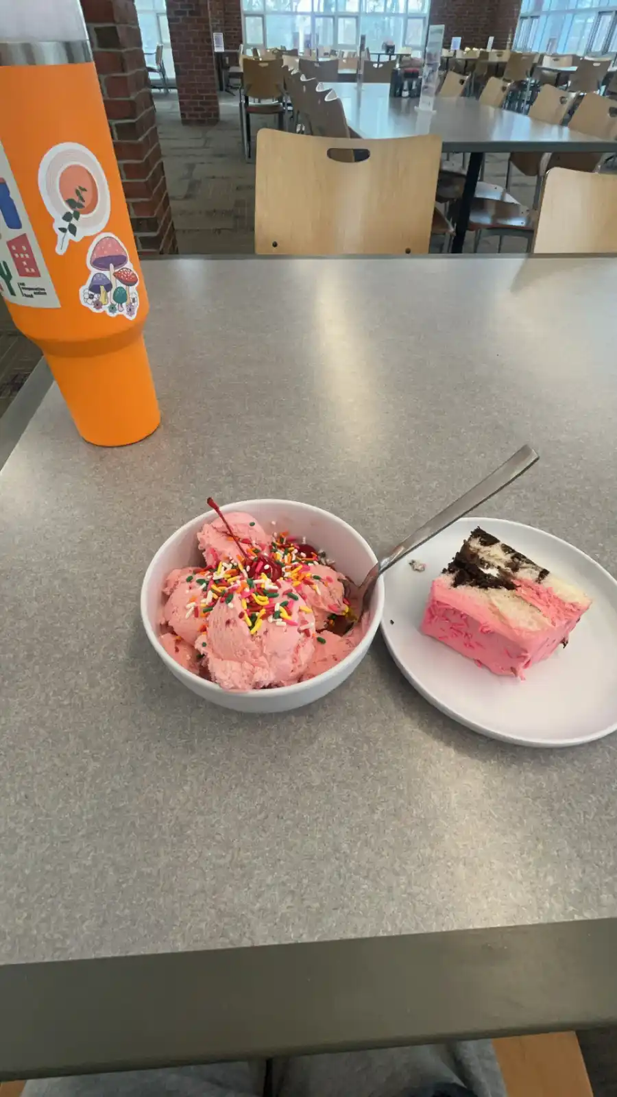 A photo shows a white bowl of pink ice cream topped with colorful sprinkles and a cherry, next to a slice of pink-frosted…
