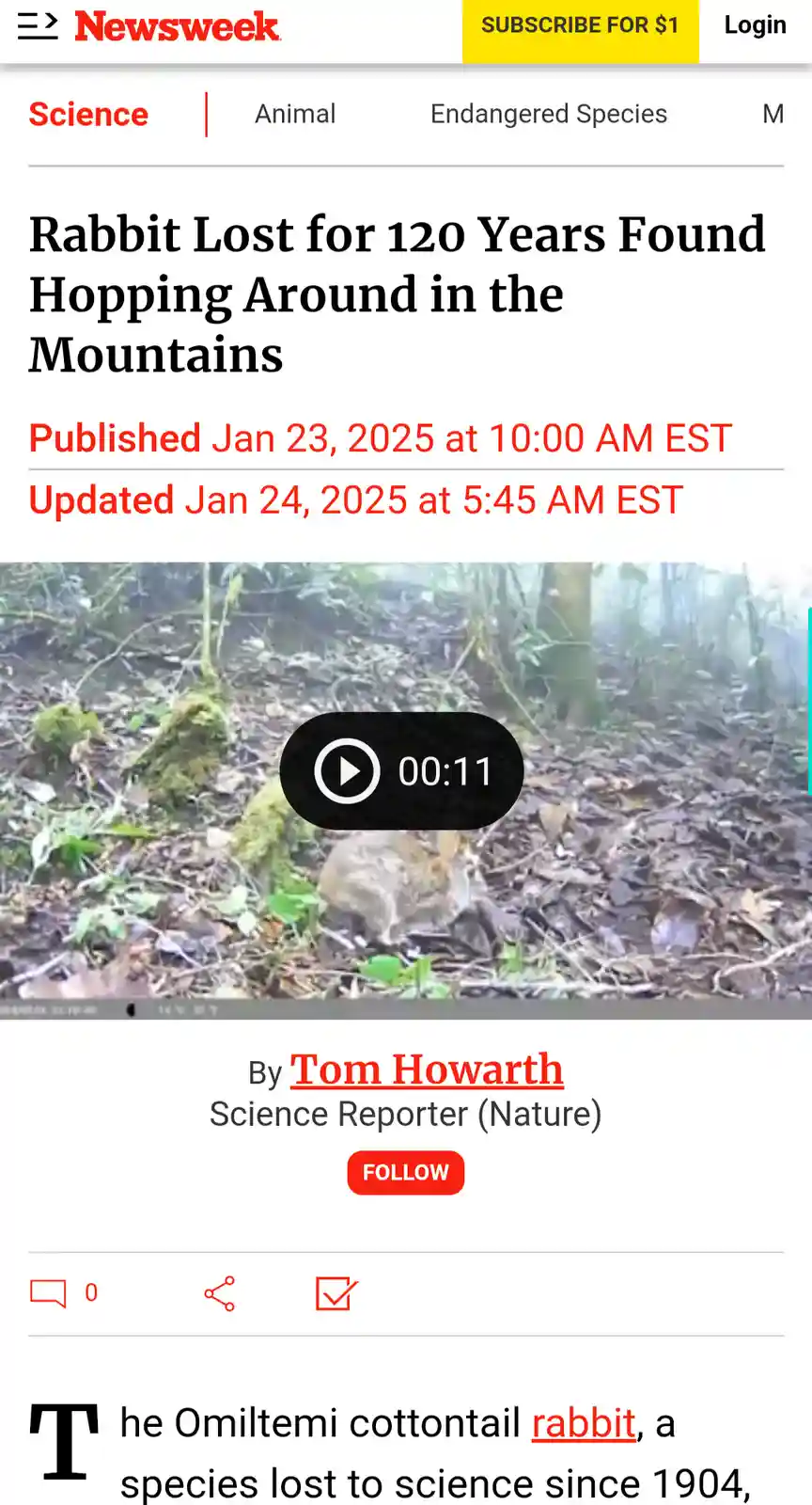 A screenshot of a Newsweek article titled 'Rabbit Lost for 120 Years Found Hopping Around in the Mountains,' featuring a…