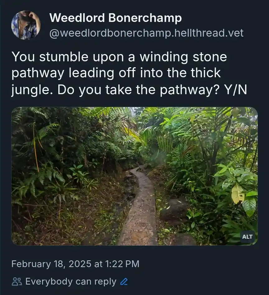 A screenshot of a social media post showing a photo of a winding stone path disappearing into a dense, green jungle. The…