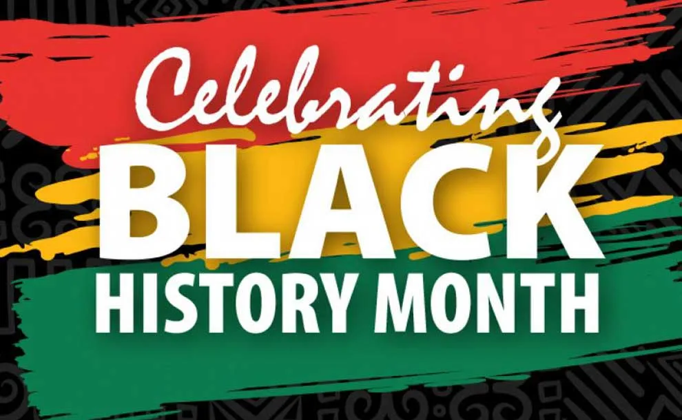The image displays bold white text reading 'Celebrating BLACK HISTORY MONTH' layered over horizontal brushstrokes of red…